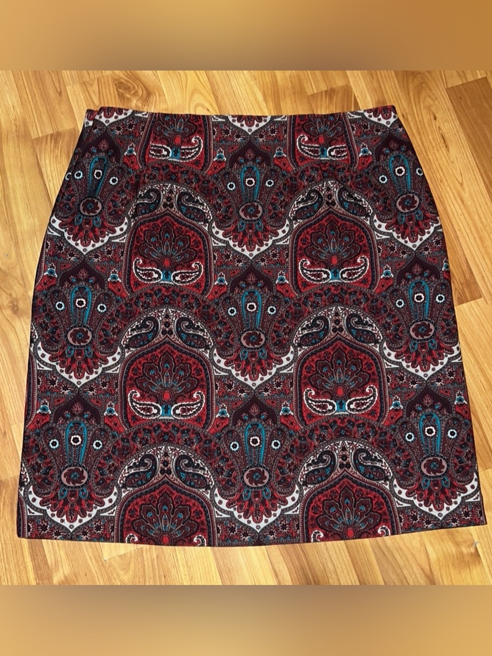 Talbots Paisley Pencil Skirt in Red, Black & Teal